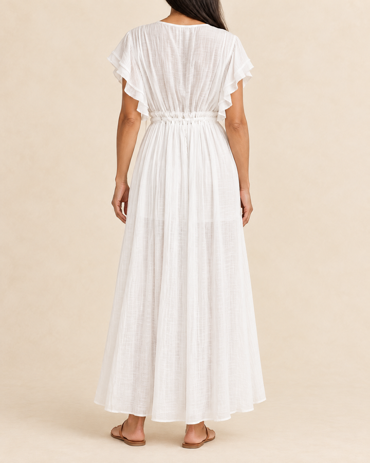 Solange - Button Front Maxi Dress in white, back view