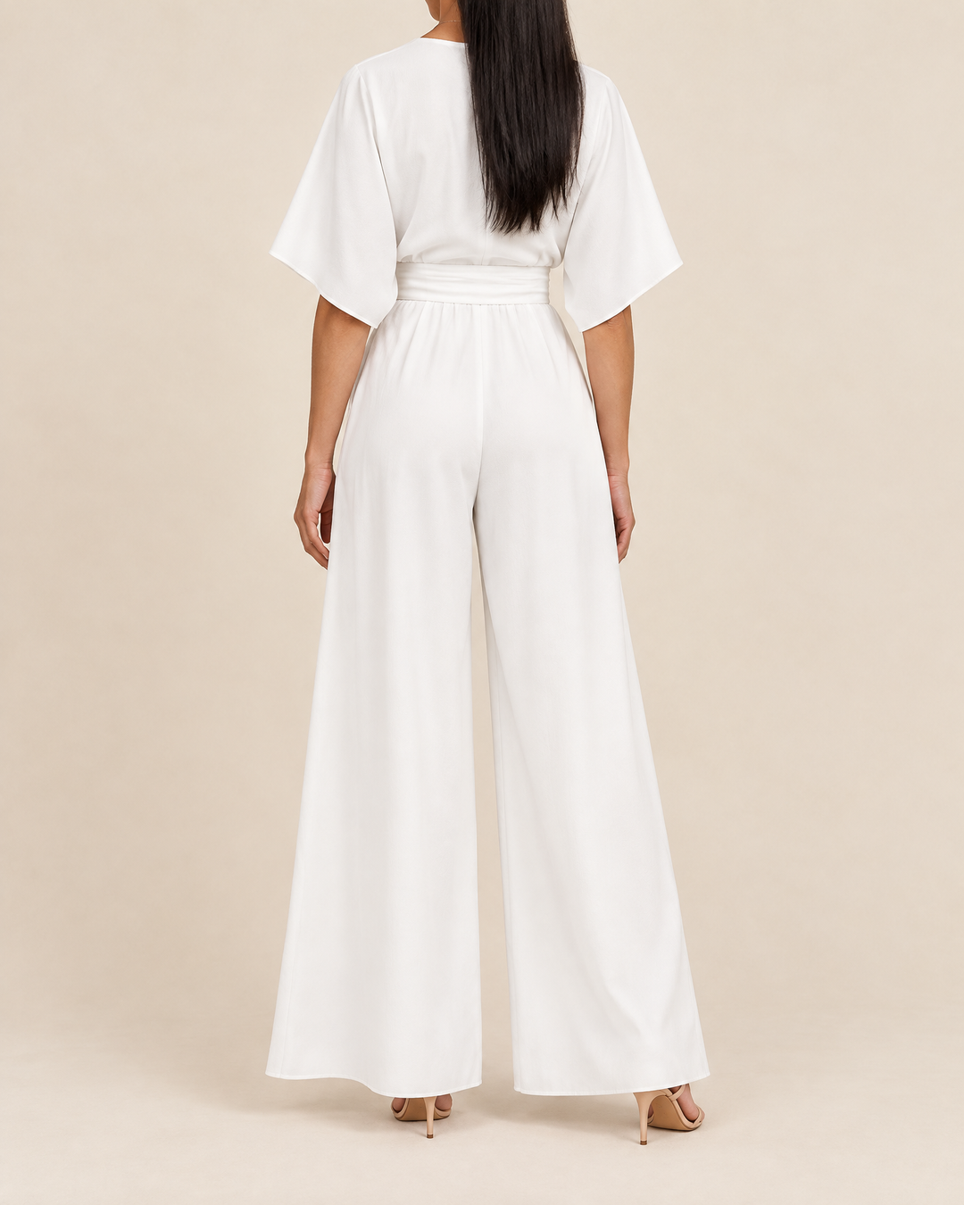 Eleonore - Kimono Sleeve Wide Leg Jumpsuit in white, back view