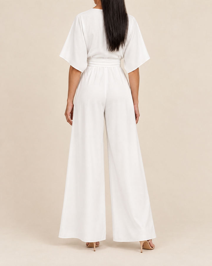 Eleonore - Kimono Sleeve Wide Leg Jumpsuit in white, back view