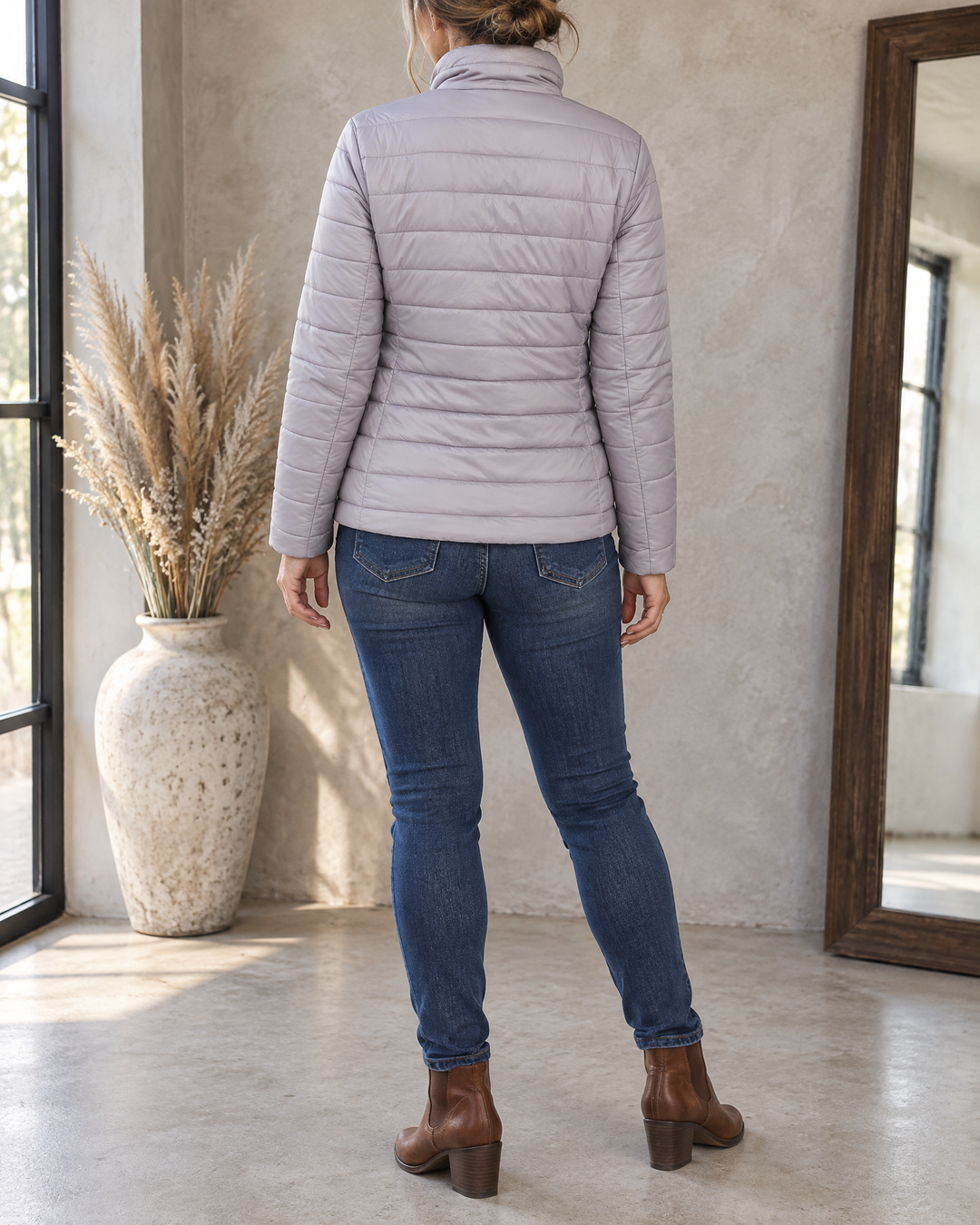 Alice - Fleece Lined Quilted Jacket in light grey, back view