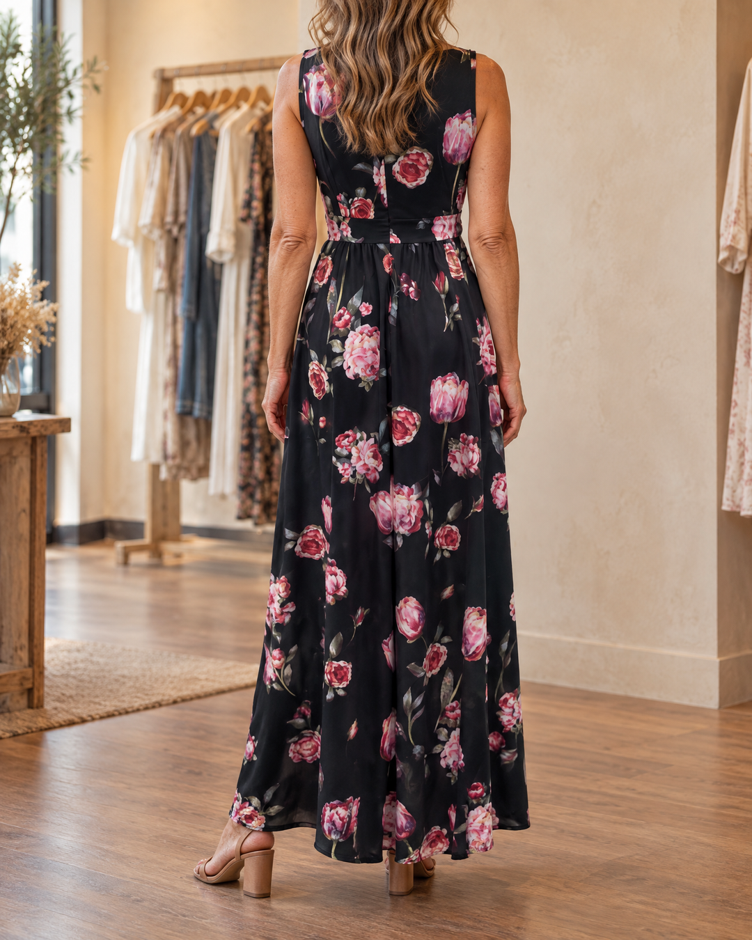 Amelie - V-Neck Floral Maxi Dress in black, back view