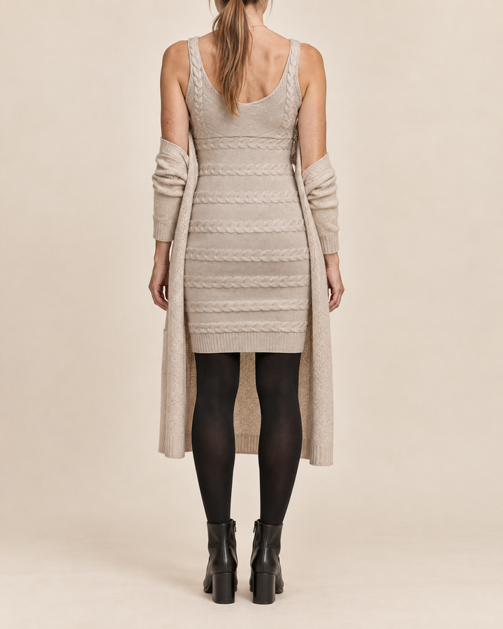 Edith - Cable Knit Cami Mini Dress in beige, back view