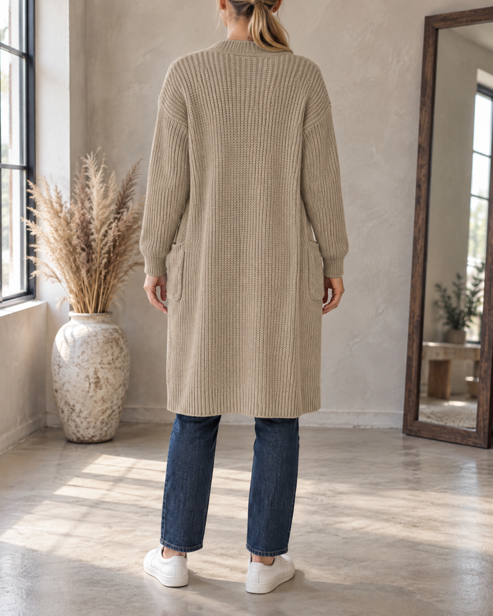 Genevieve - Open Front Knit Cardigan in oatmeal, back view