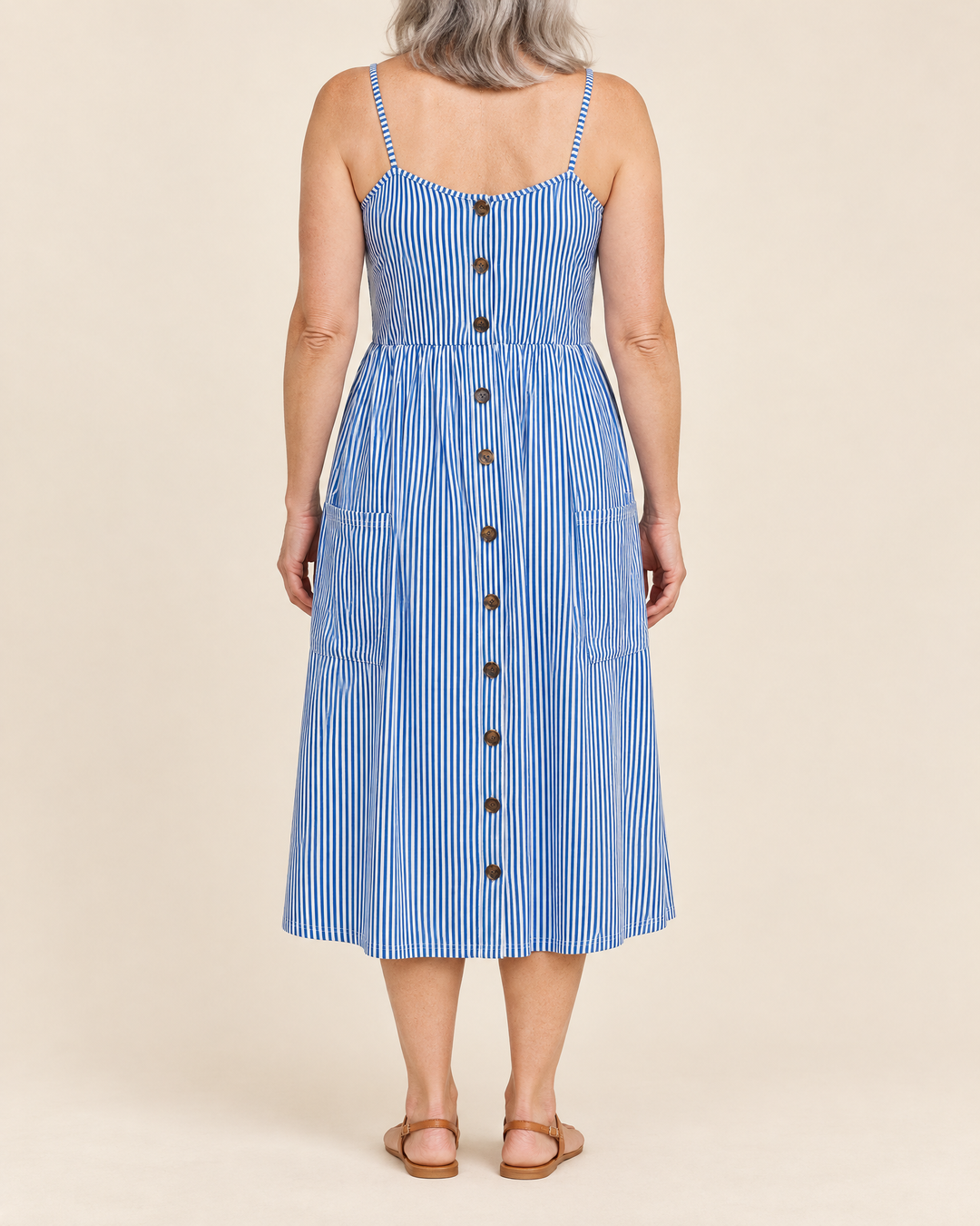 Agathe - Button Front Cami Dress in chambray blue, back view