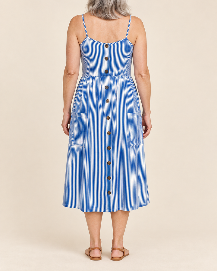 Agathe - Button Front Cami Dress in chambray blue, back view