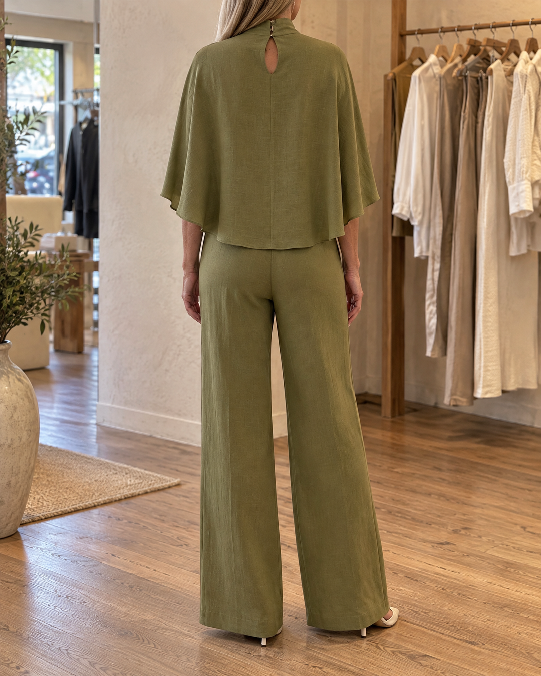 Cecile - Mock-Neck Cape Top Set in olive, back view