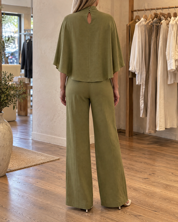 Cecile - Mock-Neck Cape Top Set in olive, back view