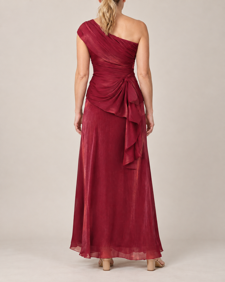 Salome - Draped One-Shoulder Maxi Set in wine, back view