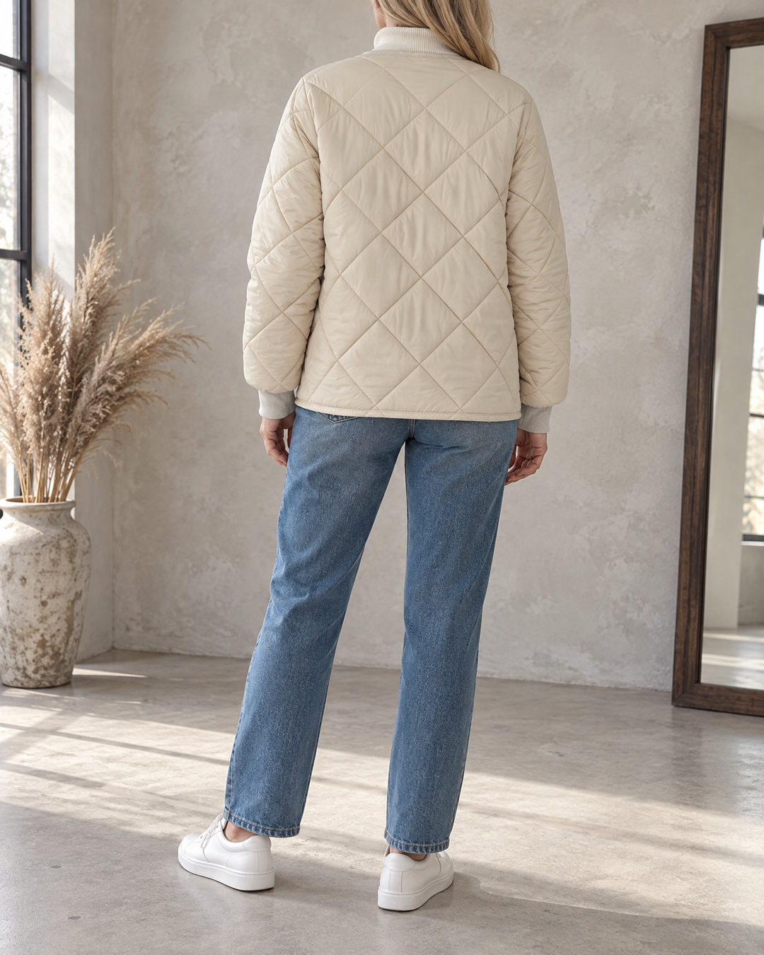 Clementine - Collarless Quilted Jacket in cream, back view