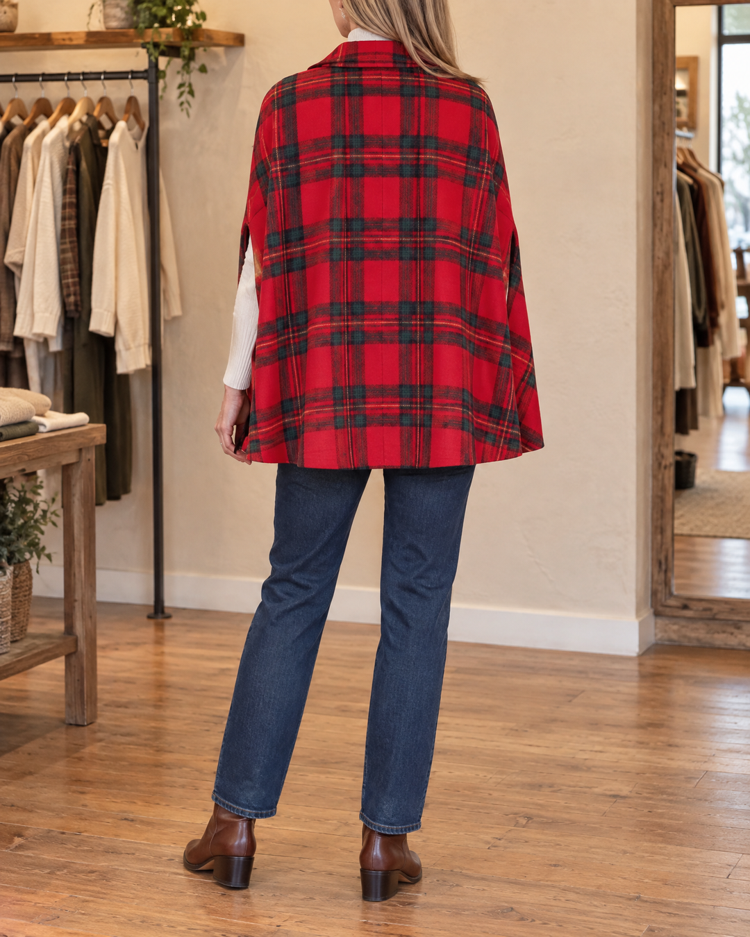 Marthe - Plaid Cape Coat in red, back view
