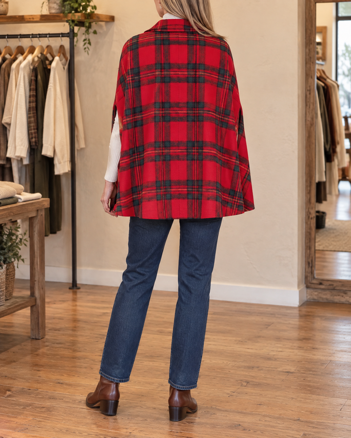 Marthe - Plaid Cape Coat in red, back view