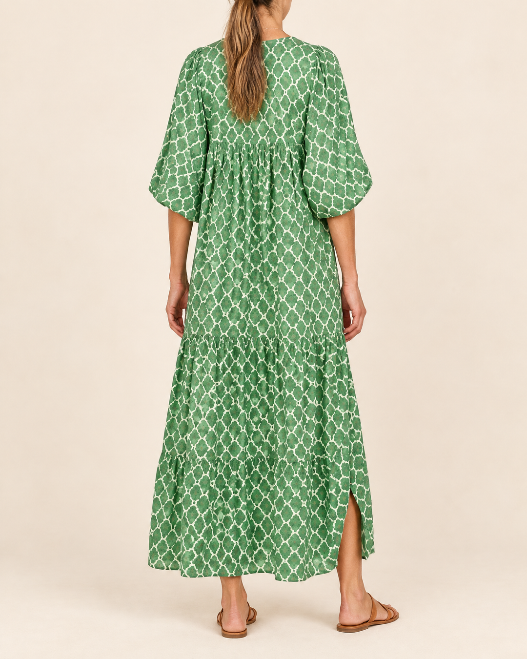 Florence - Puff Sleeve Print Maxi Dress in green, back view