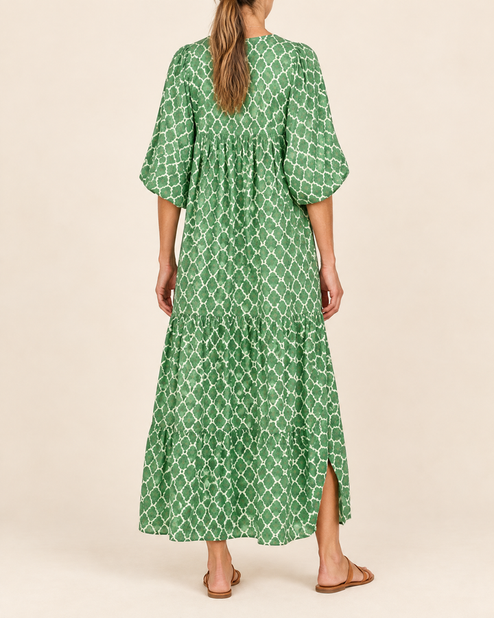 Florence - Puff Sleeve Print Maxi Dress in green, back view