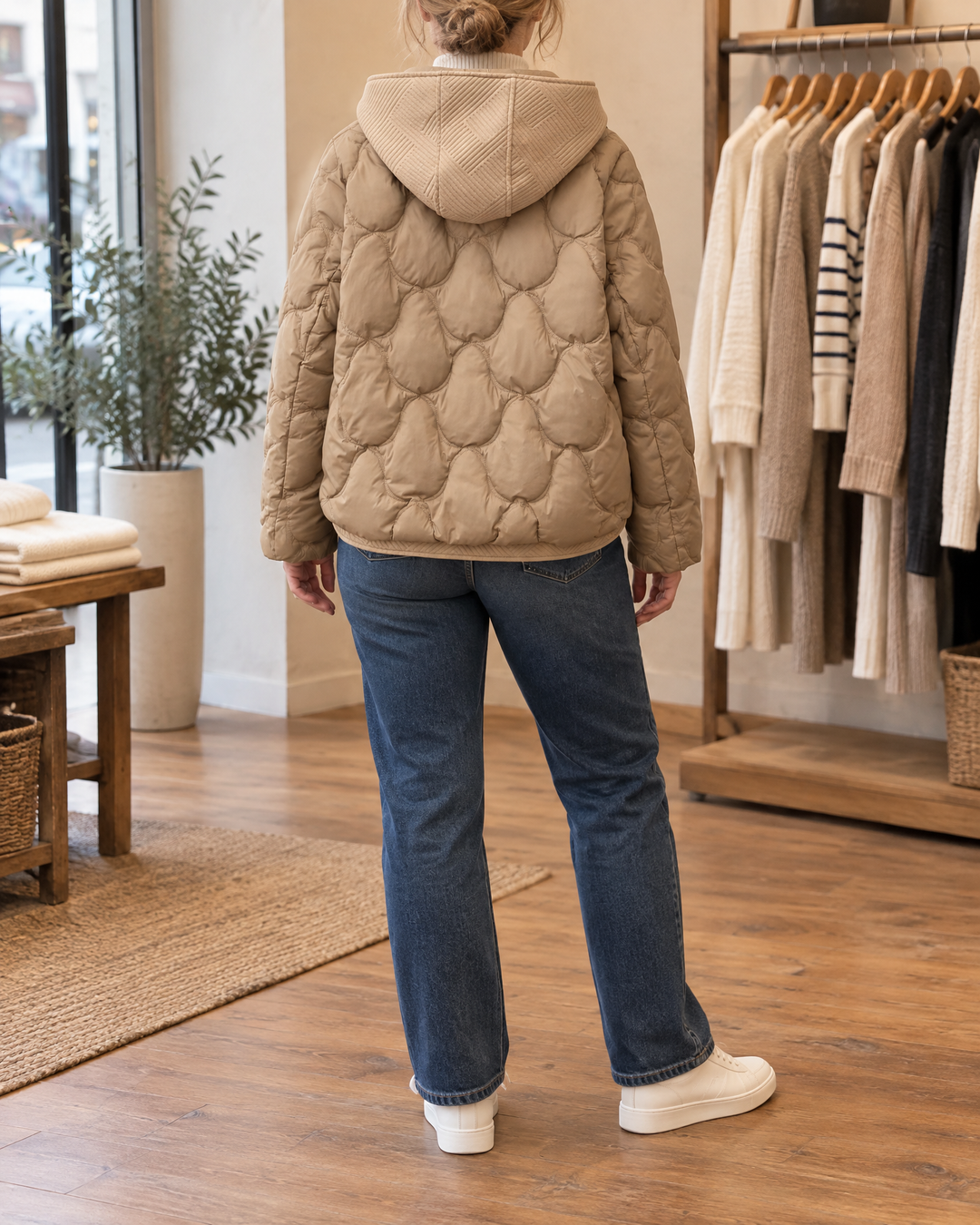 Cassandre - Knit Hood Puffer Jacket in khaki, back view