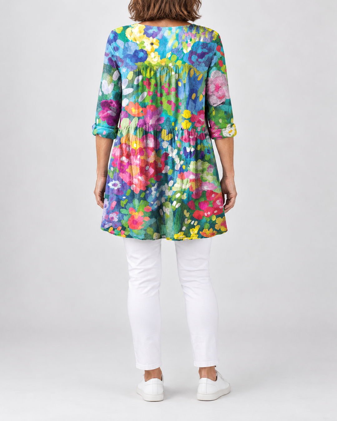 Marguerite - Printed Tunic Top in watercolour garden, back view