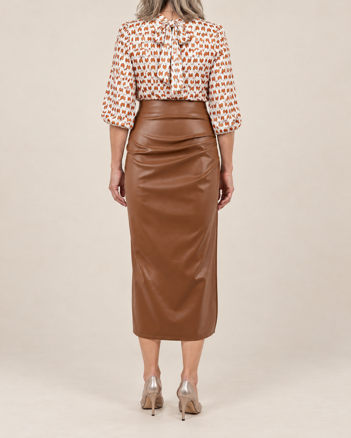Sidonie - Ruched Faux Leather Midi Skirt in camel, back view