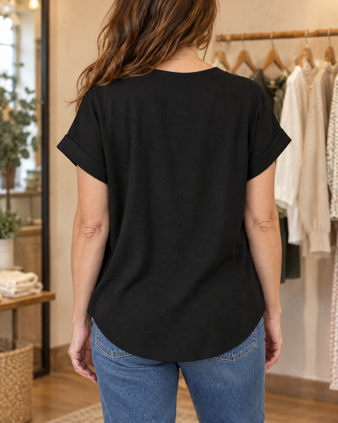 Elodie - Relaxed V-Neck Blouse in black, back view