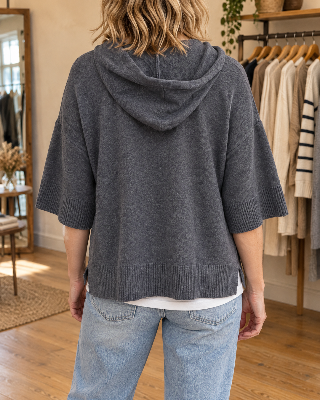 Mariette - Hooded Knit Poncho in grey, back view