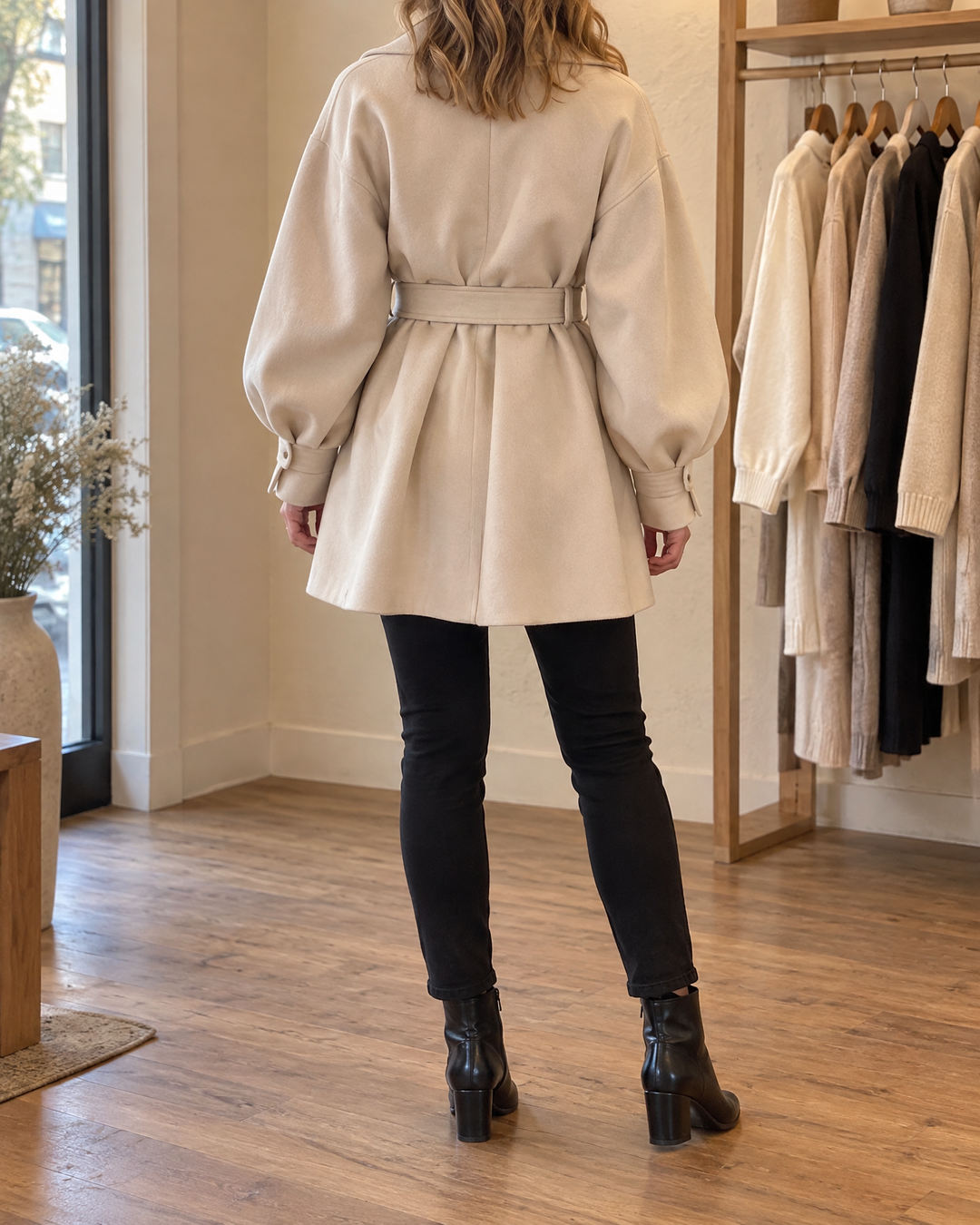 Martine - Balloon Sleeve Belted Coat in cream, back view