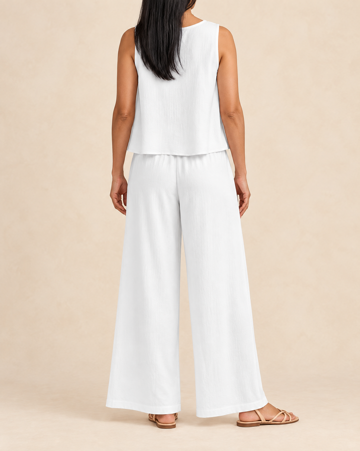 Noelle - Sleeveless Top and Wide Leg Pants Set in white, back view