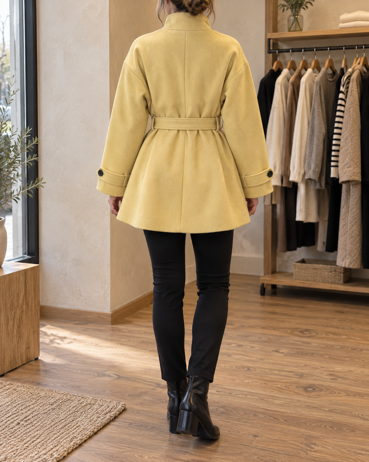 Lorelei - Belted Wool-Look Coat in mustard, back view