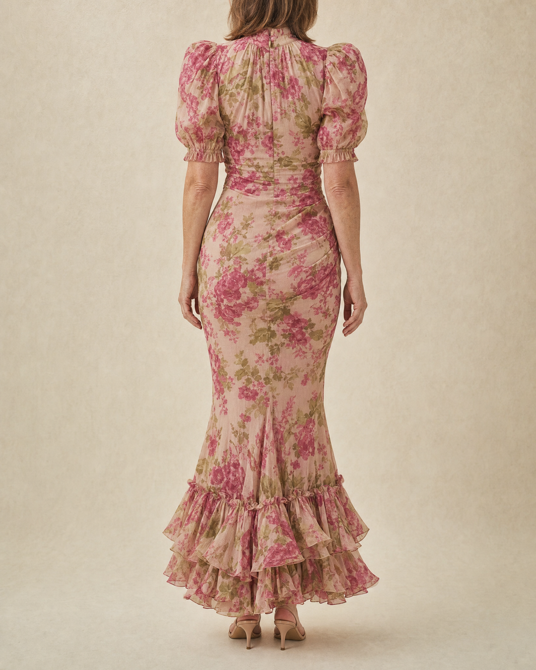 Delphine - Rose Print Maxi Dress in rose, back view
