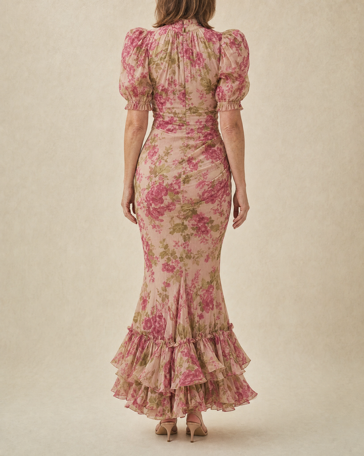 Delphine - Rose Print Maxi Dress in rose, back view