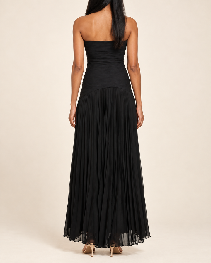 Theodora - Strapless Pleated Maxi Dress in black, back view