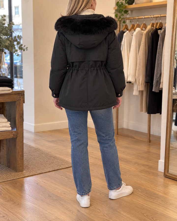 Brigitte - Faux Fur Hooded Parka in black, back view