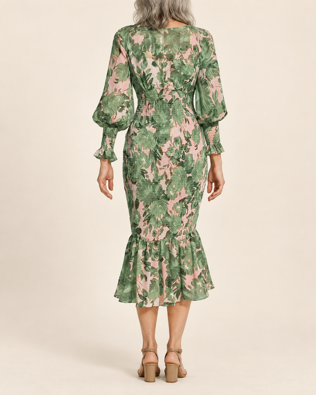 Coralie - Lantern Sleeve Print Midi Dress in green, back view