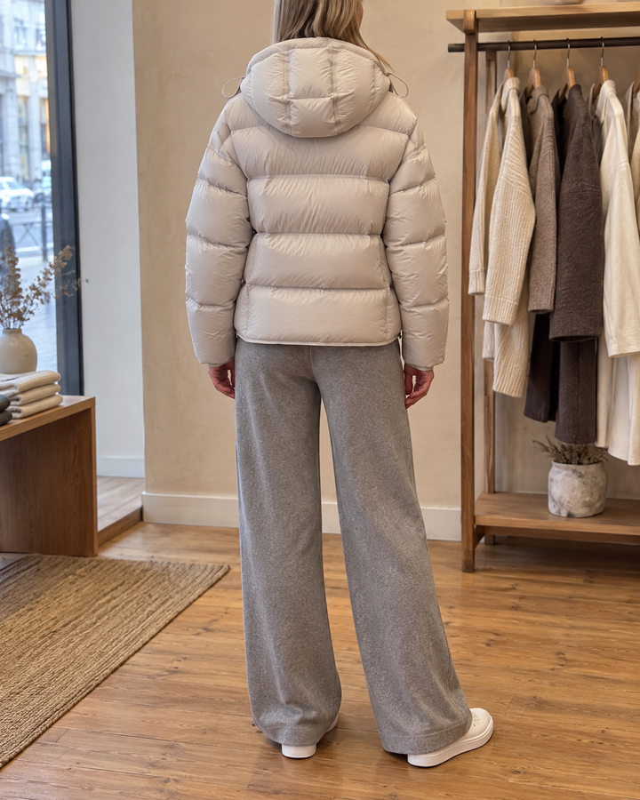 Annabelle - Hooded Down Puffer in cream, back view