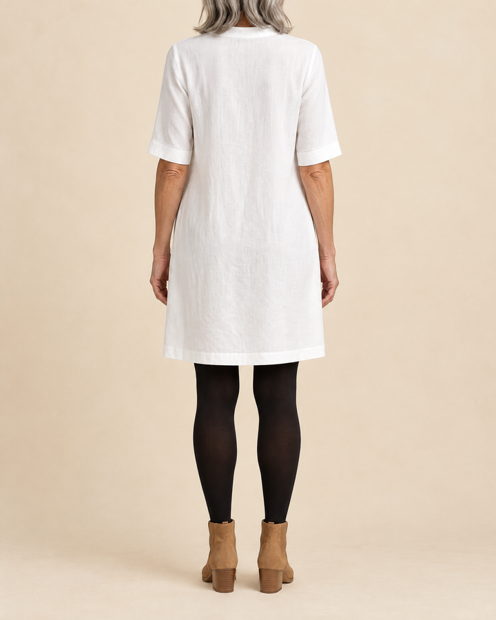 Irene - Notch Neck Shift Dress in white, back view