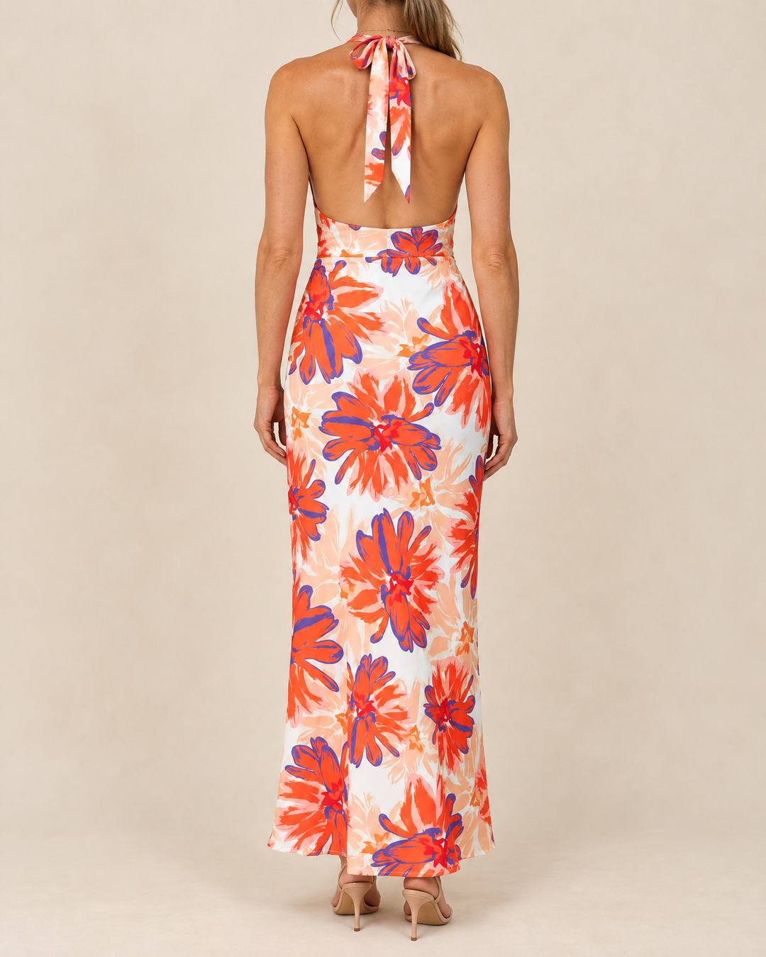 Faustine - Halter Floral Maxi Dress in orange floral, back view