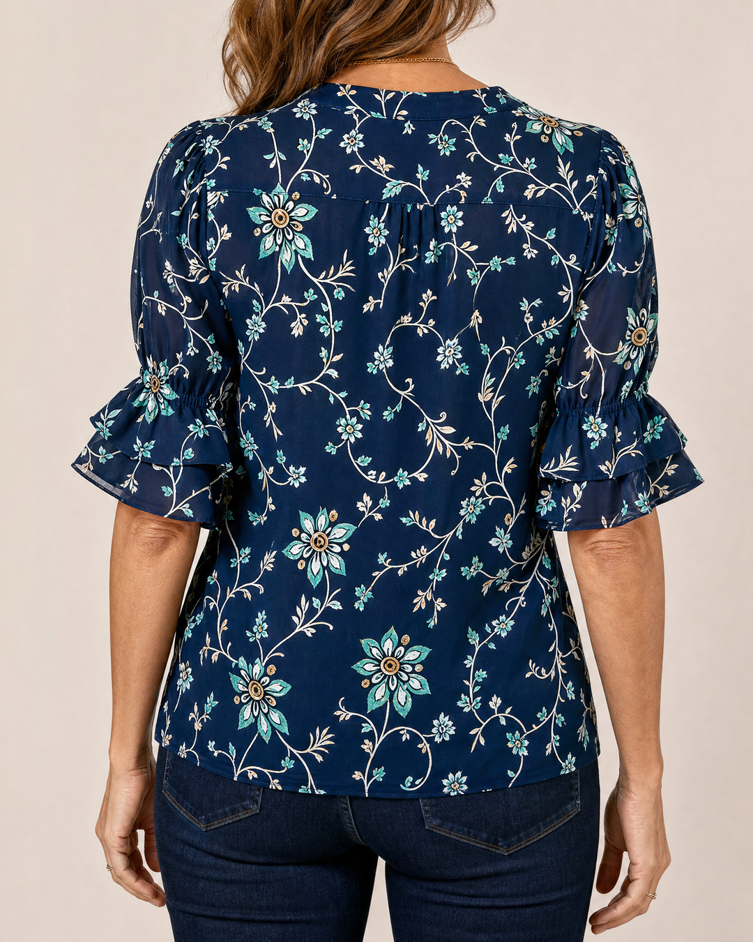 Vivienne - Vintage Print Blouse in navy, back view