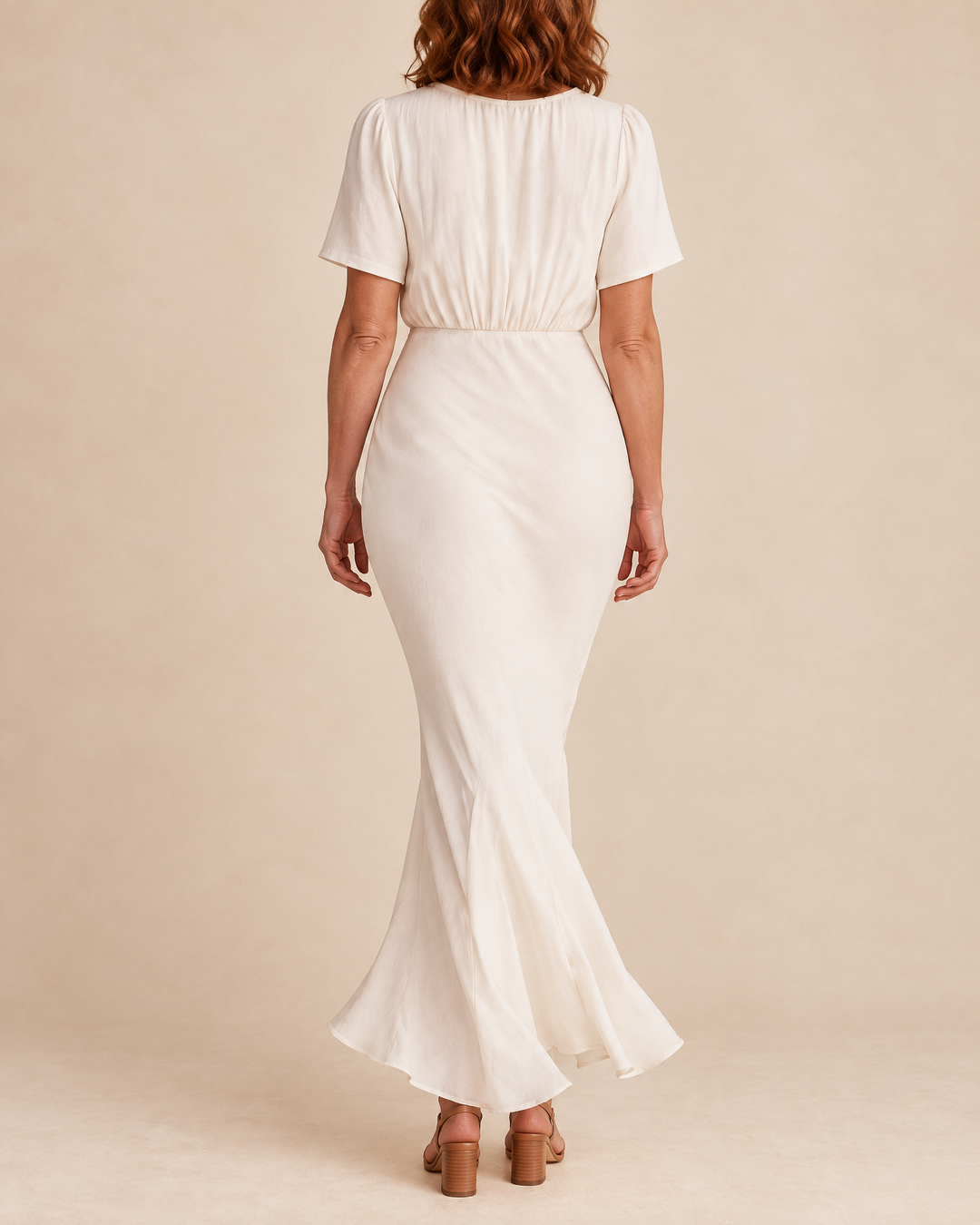 Eloise - Short Sleeve Fishtail Maxi Dress in cream, back view