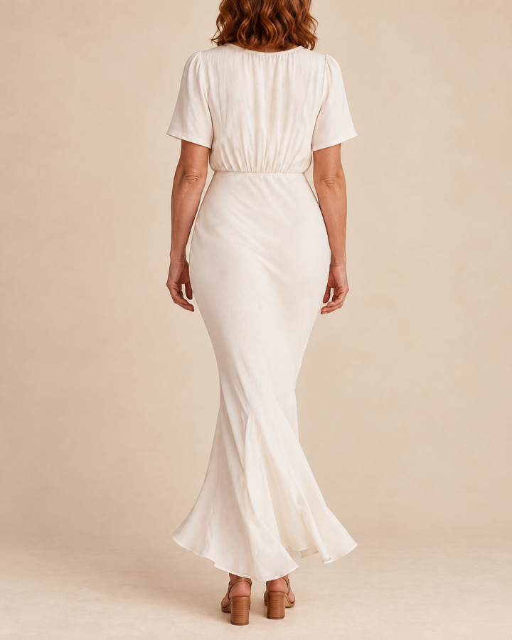 Eloise - Short Sleeve Fishtail Maxi Dress in cream, back view