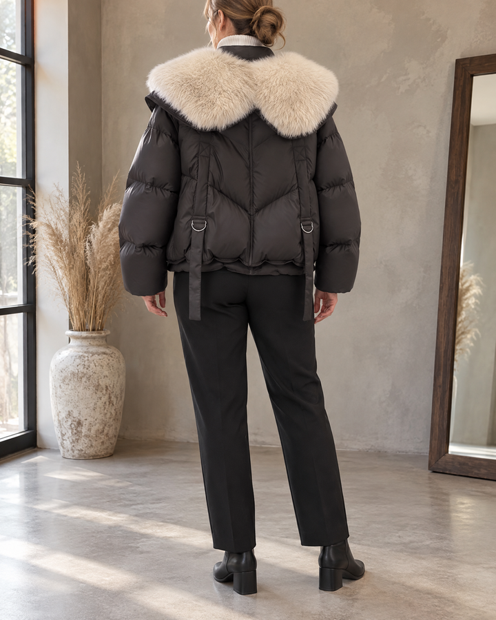 Chloe - Faux Fur Shawl Collar Puffer in black, back view