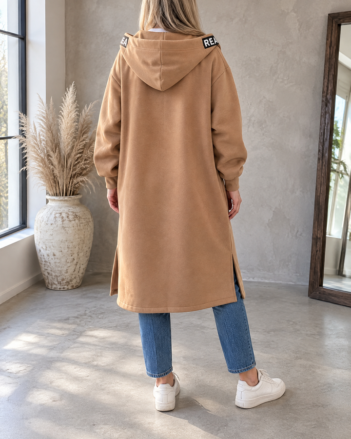 Adrienne - Hooded Fleece Coat in khaki, back view