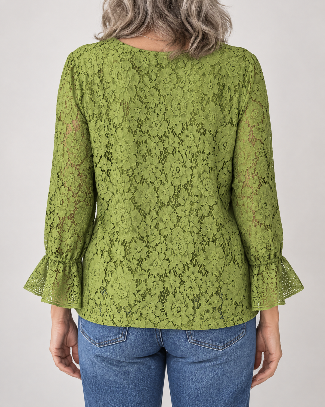 Violette - Lace Long Sleeve Top in green, back view