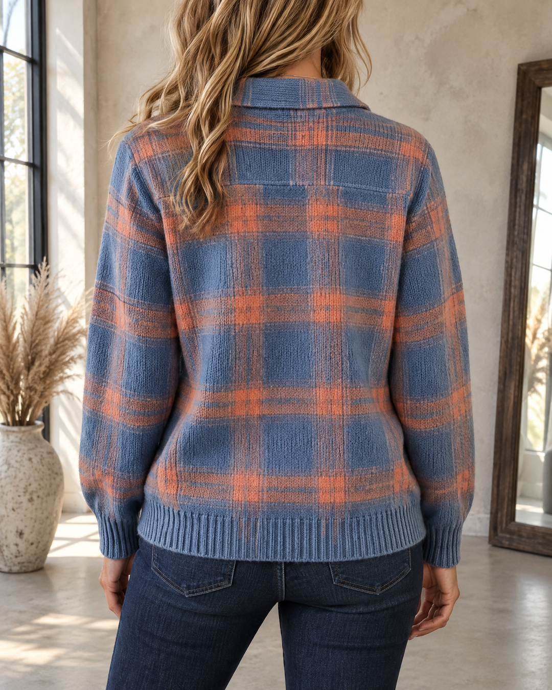 Maude - Plaid Knit Shirt in blue plaid, back view