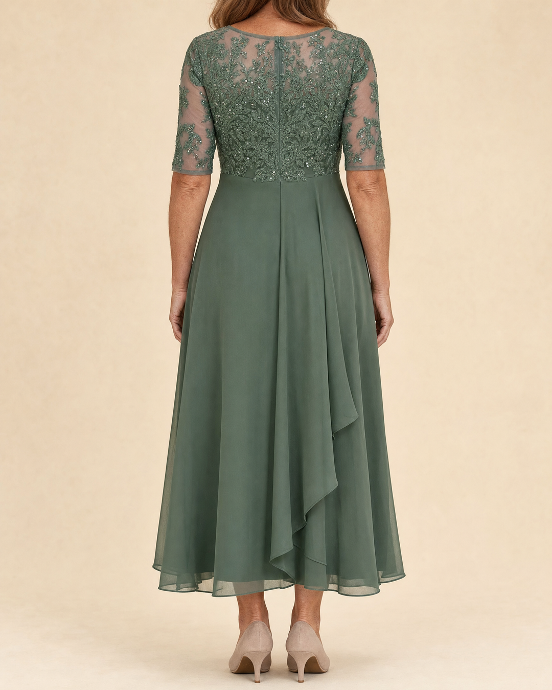 Odette - Elegant Dress in green, back view
