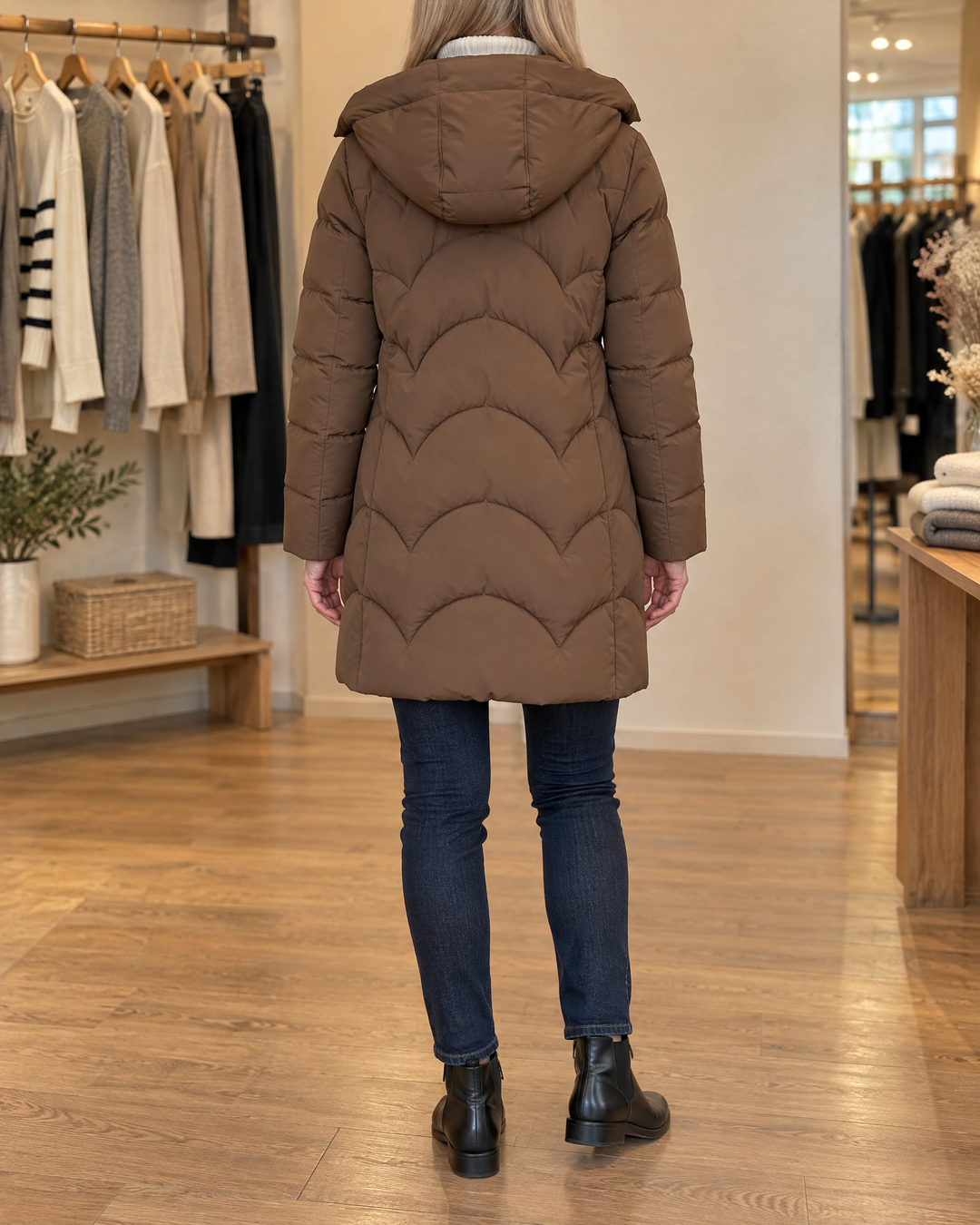 Esther - Wave Quilted Puffer Coat in mocha, back view