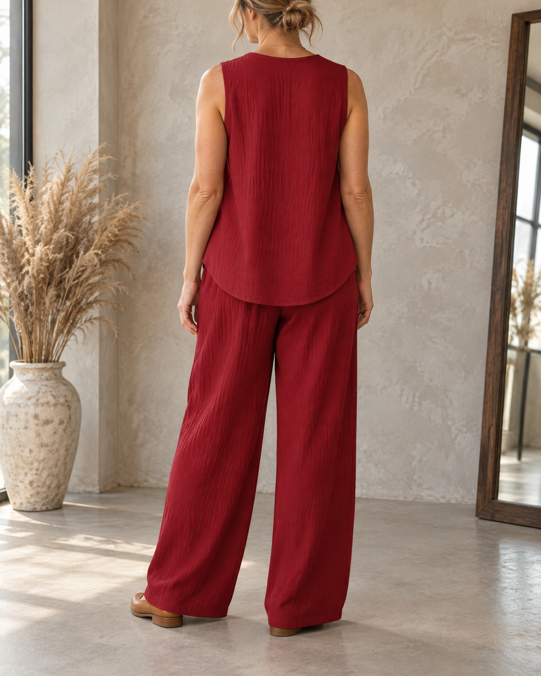 Marion - Sleeveless Top and Wide-Leg Set in wine, back view