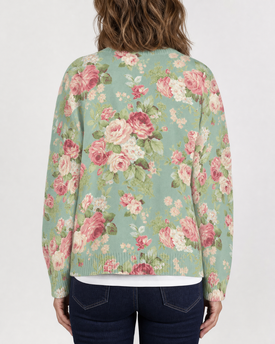 Beatrix - Vintage Print Cardigan in sage rose, back view