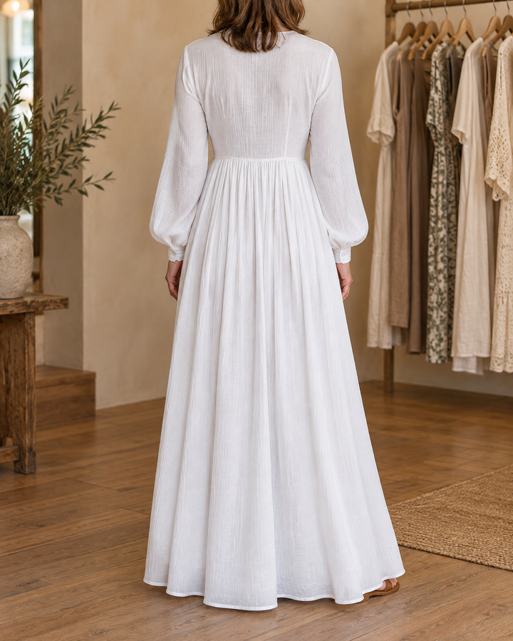 Colette - Button-Front Maxi Dress in white, back view