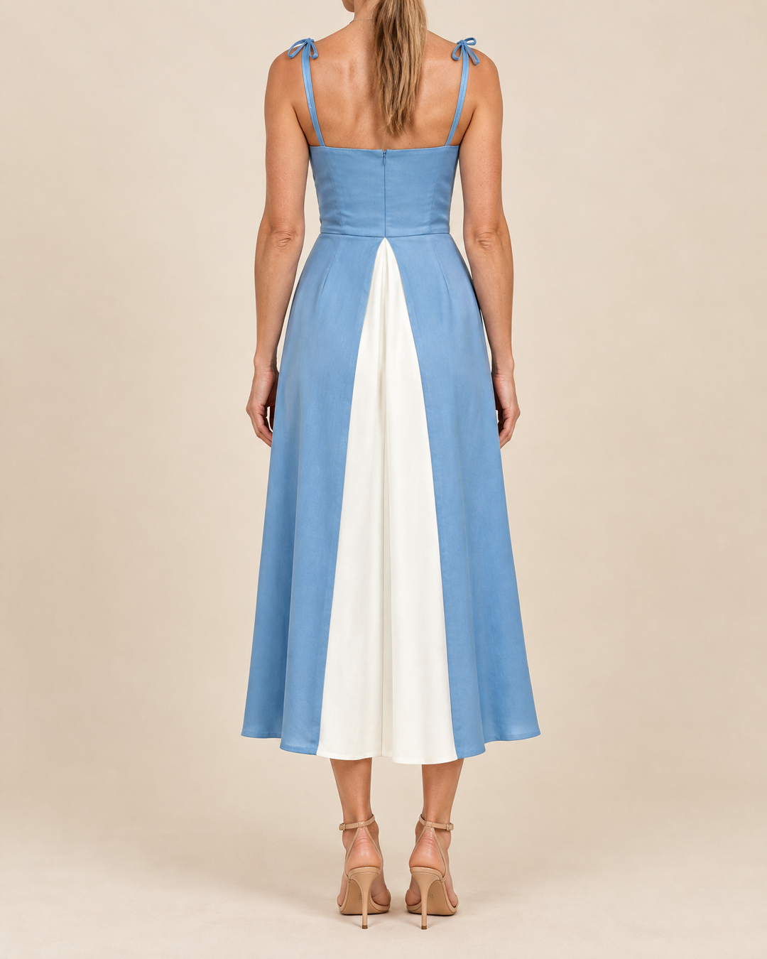 Valentine - Tie Shoulder Colour Block Midi Dress in sky blue, back view