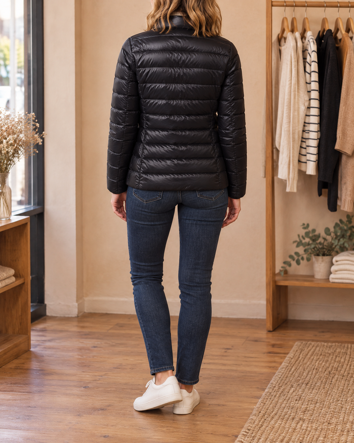 Aline - Lightweight Down Jacket in black, back view