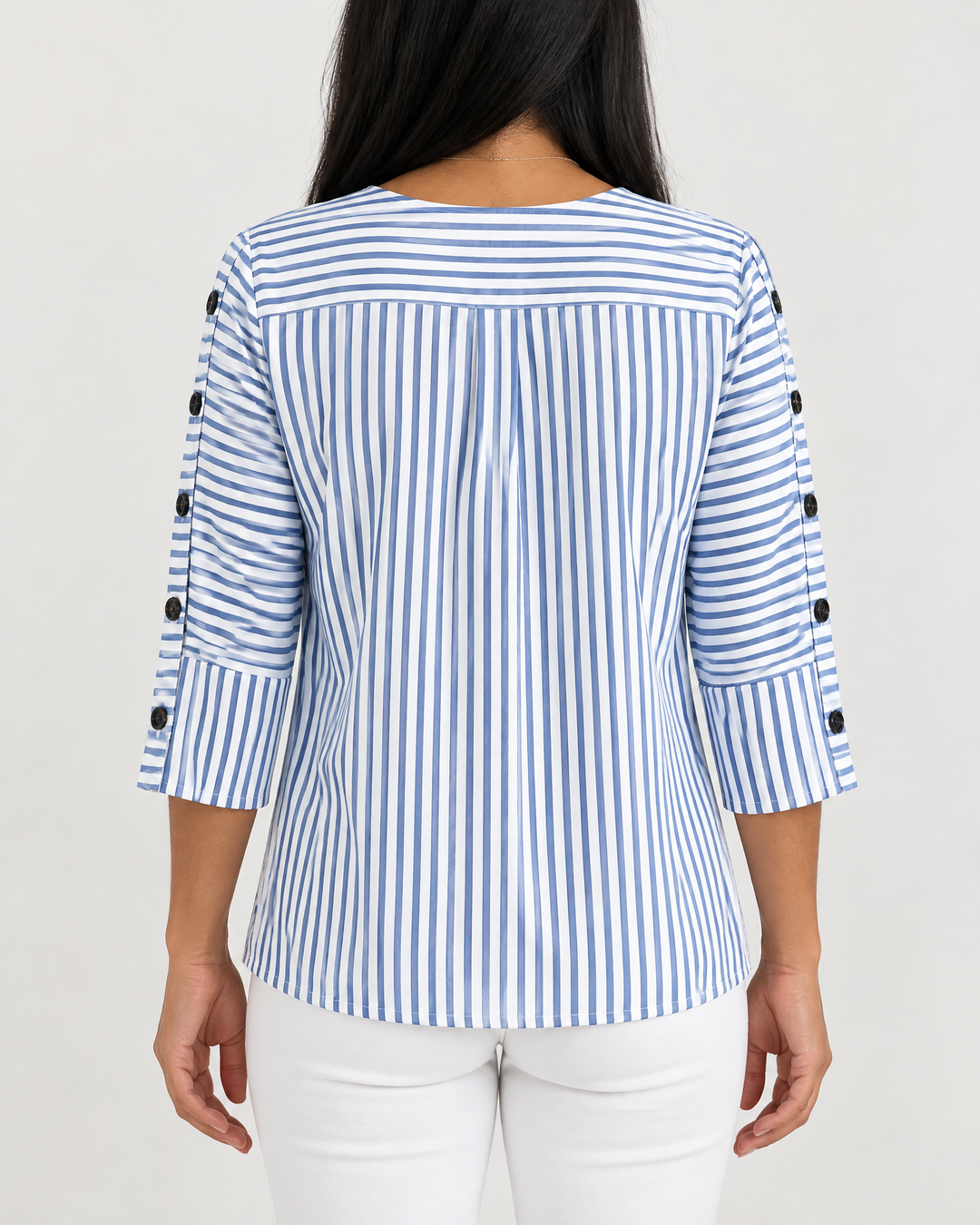 Simone - Button Sleeve Blouse in navy stripe, back view