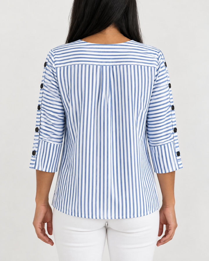 Simone - Button Sleeve Blouse in navy stripe, back view