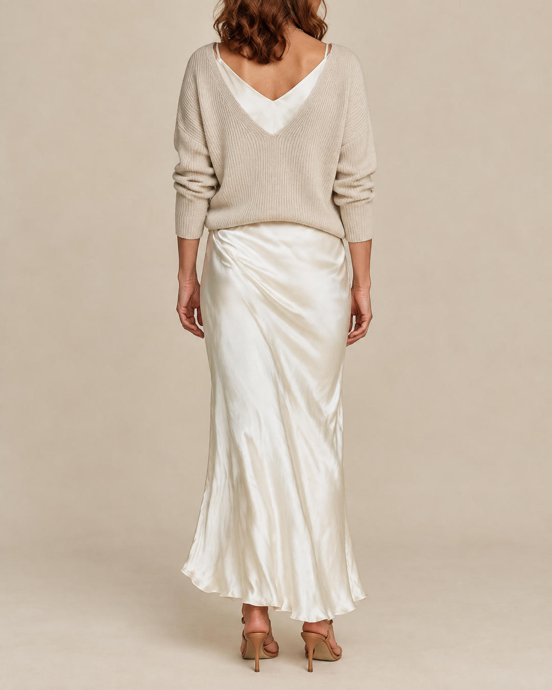 Aurore - Sweater and Satin Slip Set in apricot, back view